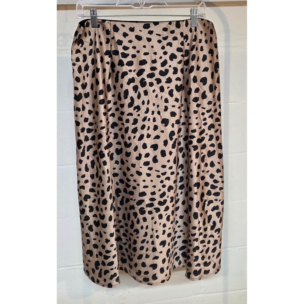 Tan Black Cheetah Animal Print Satin Midi Skirt Flat Waist Womens XL
